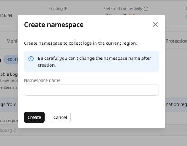 Create namespace dialog