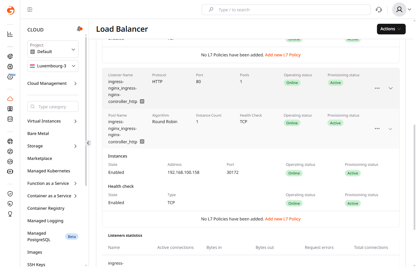 Listeners tab with health check settings