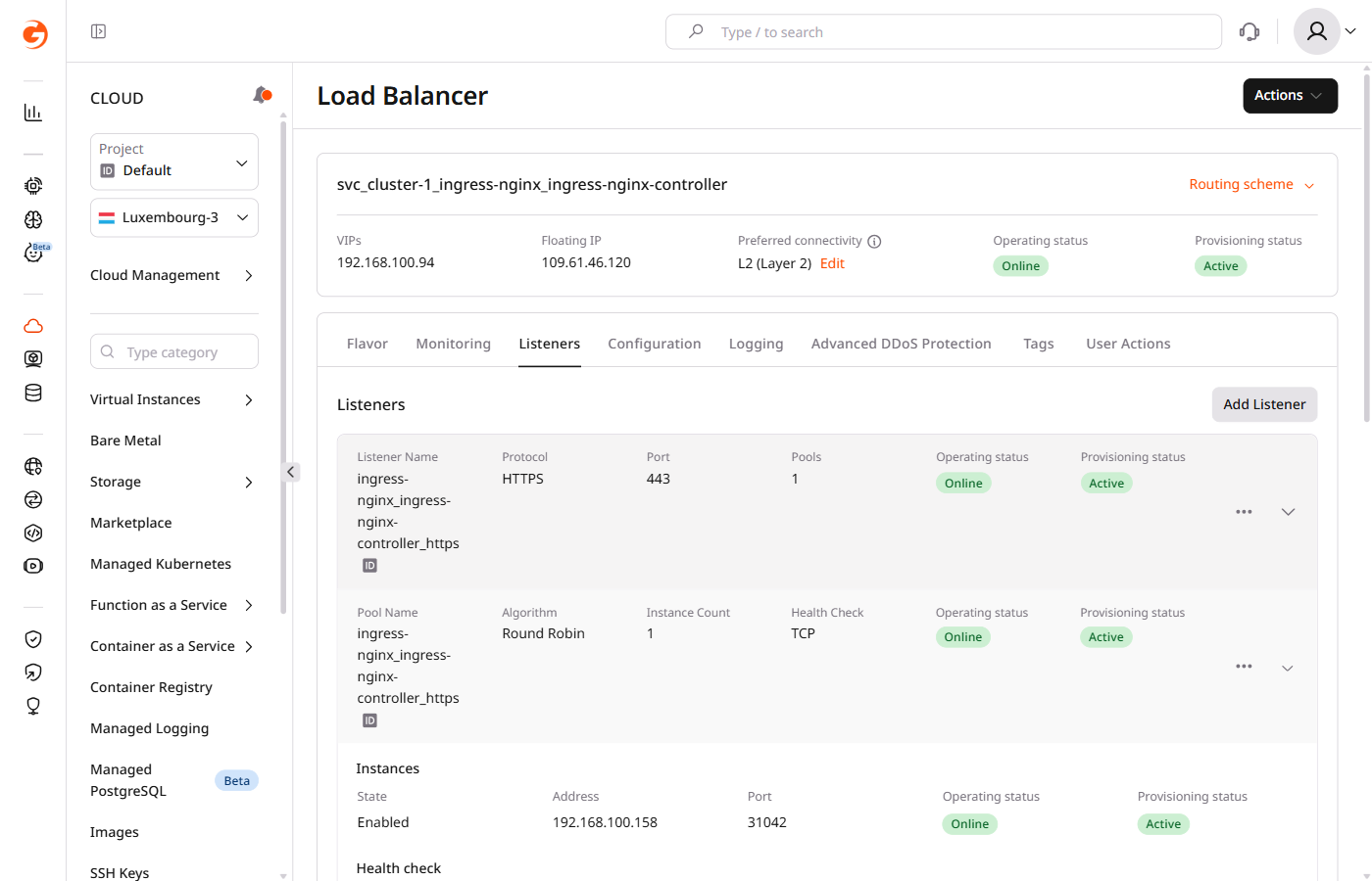 Listeners tab with pool settings