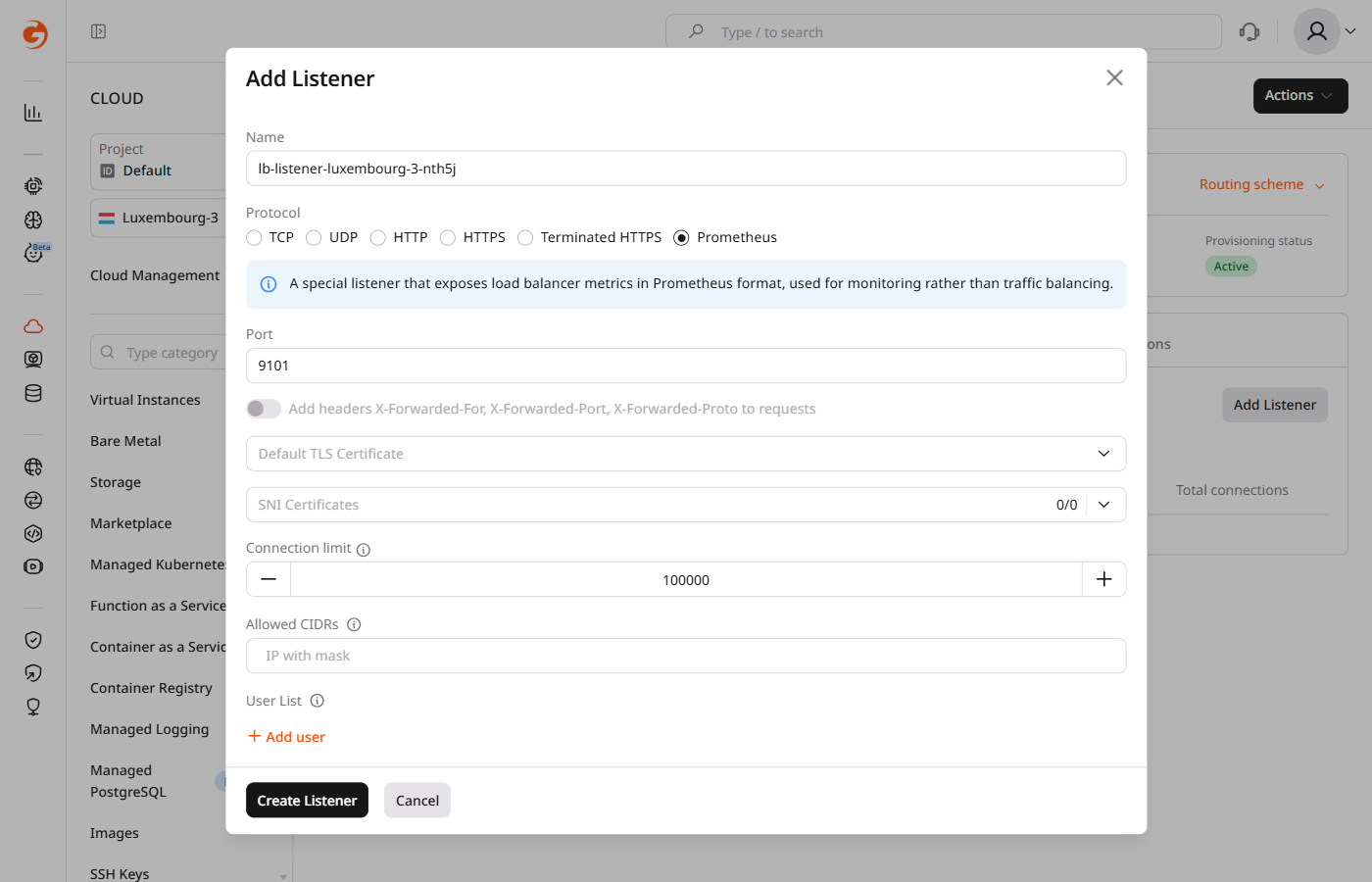 Add Listener dialog with Prometheus protocol selected, showing Port 9101 and security options