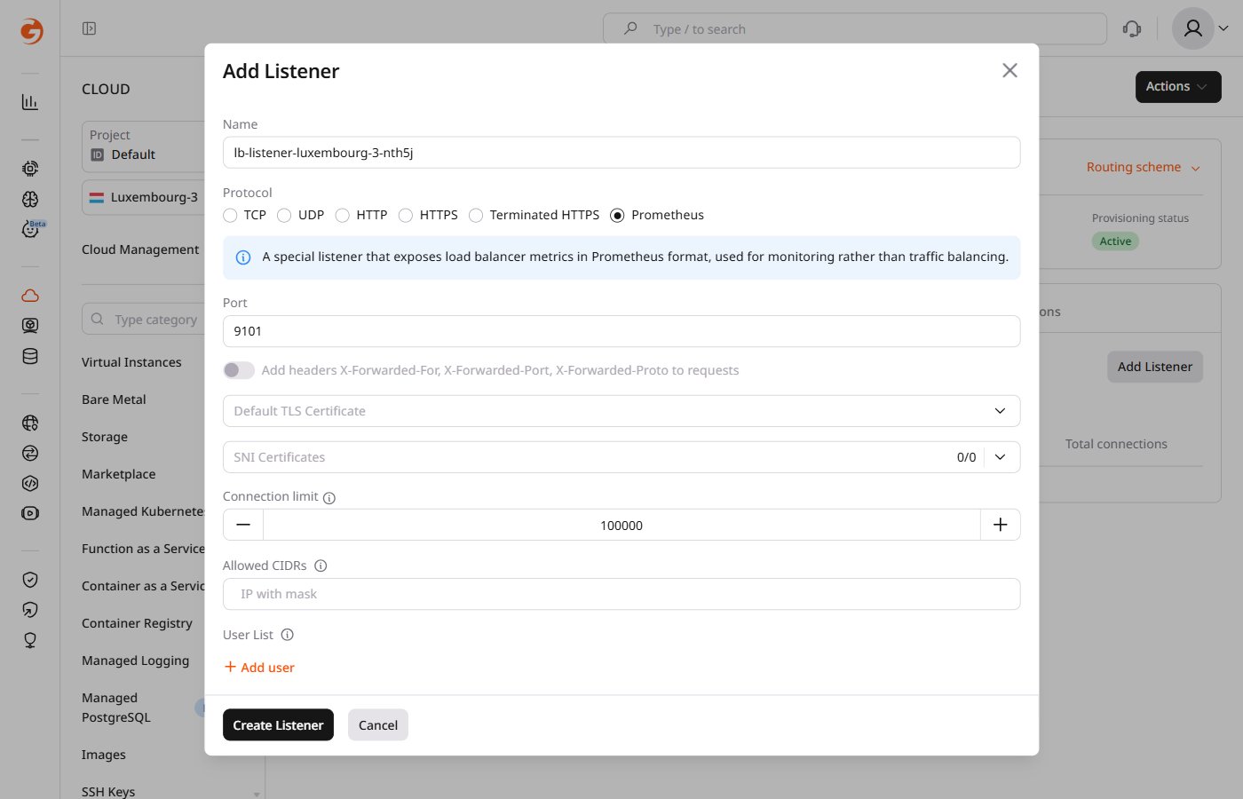 Add Listener dialog with Prometheus protocol selected, showing Port 9101 and security options