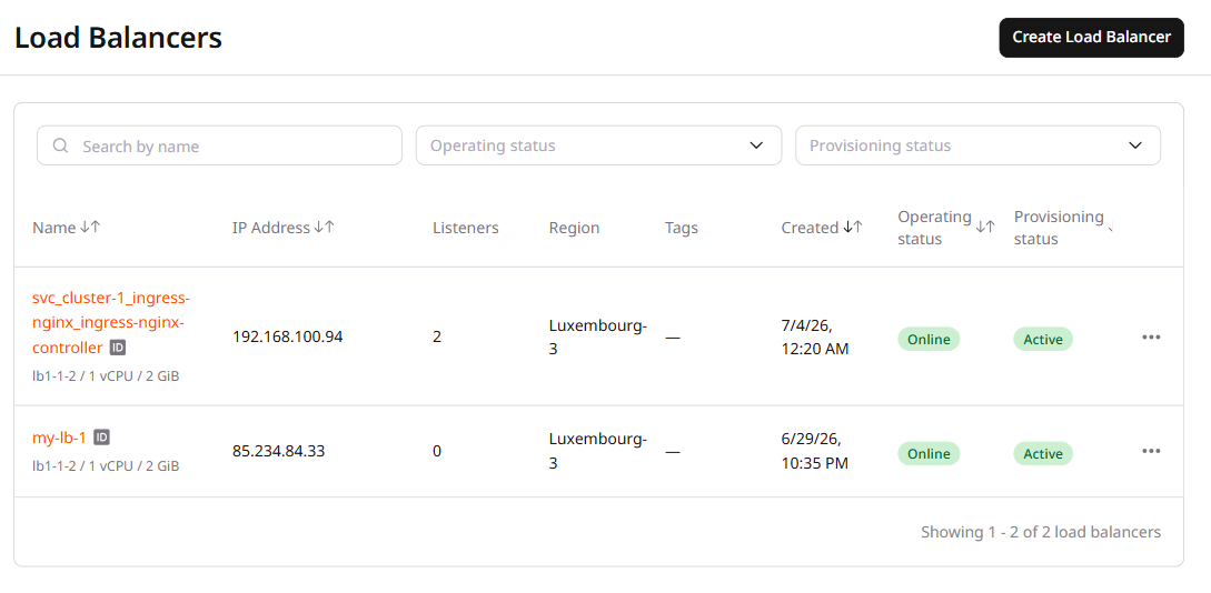 Load Balancers list with two load balancers in Luxembourg-3 region