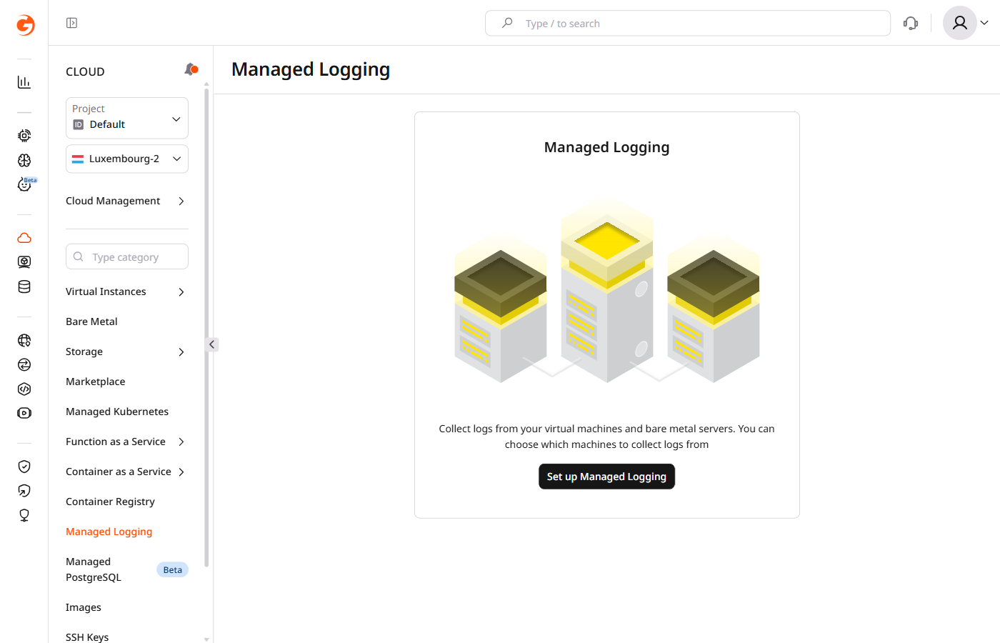 Managed Logging page in Cloud section