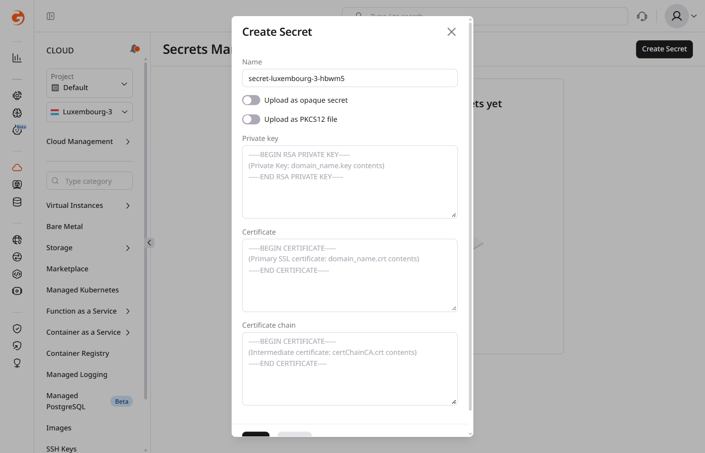 Create Secret form with Private key, Certificate, and Certificate chain fields