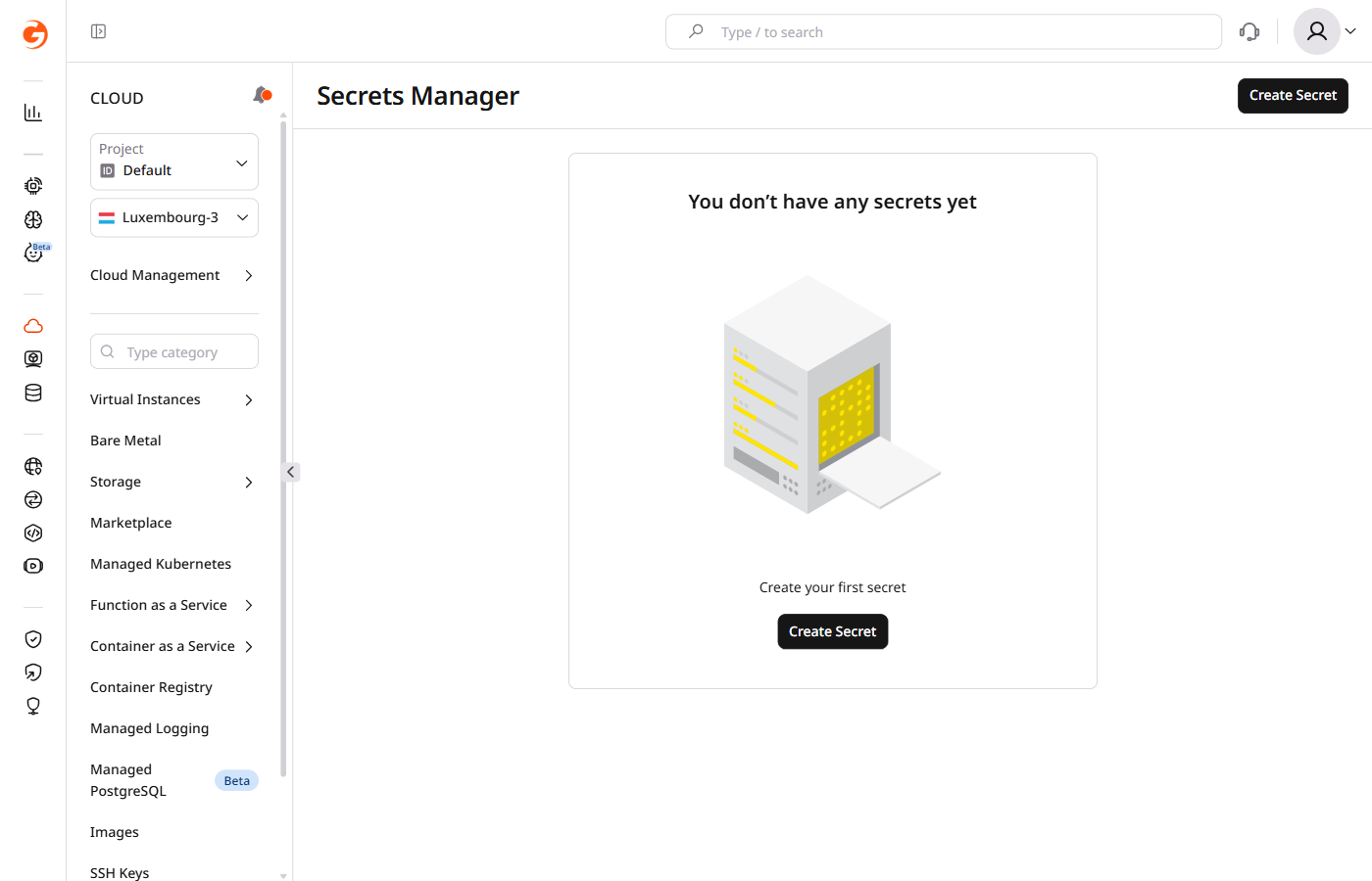Secrets Manager page with Create Secret button