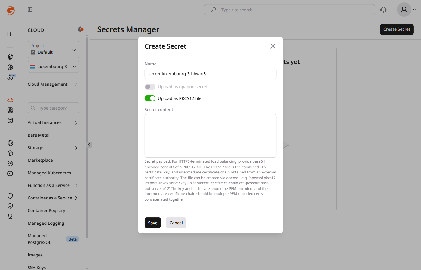 Create Secret form with Upload as PKCS12 file toggle enabled