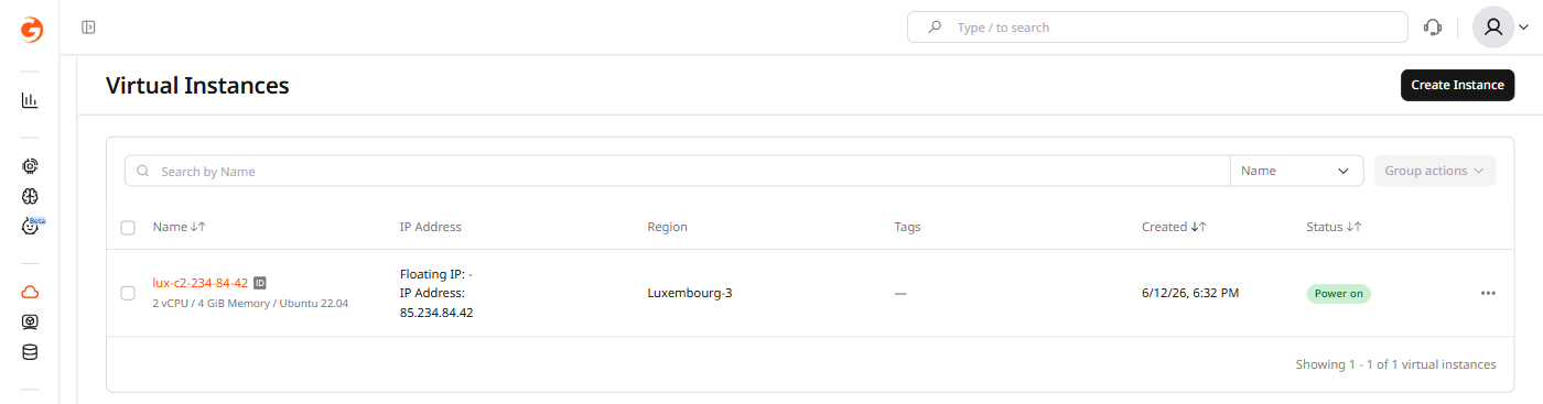 Virtual Instances list showing the Status column with a Power on badge
