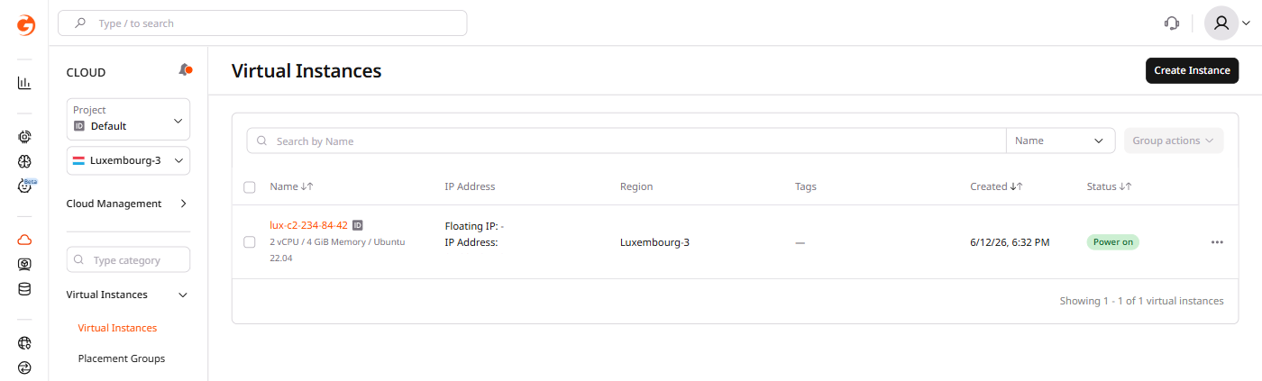 Virtual Instances list in the Gcore Customer Portal