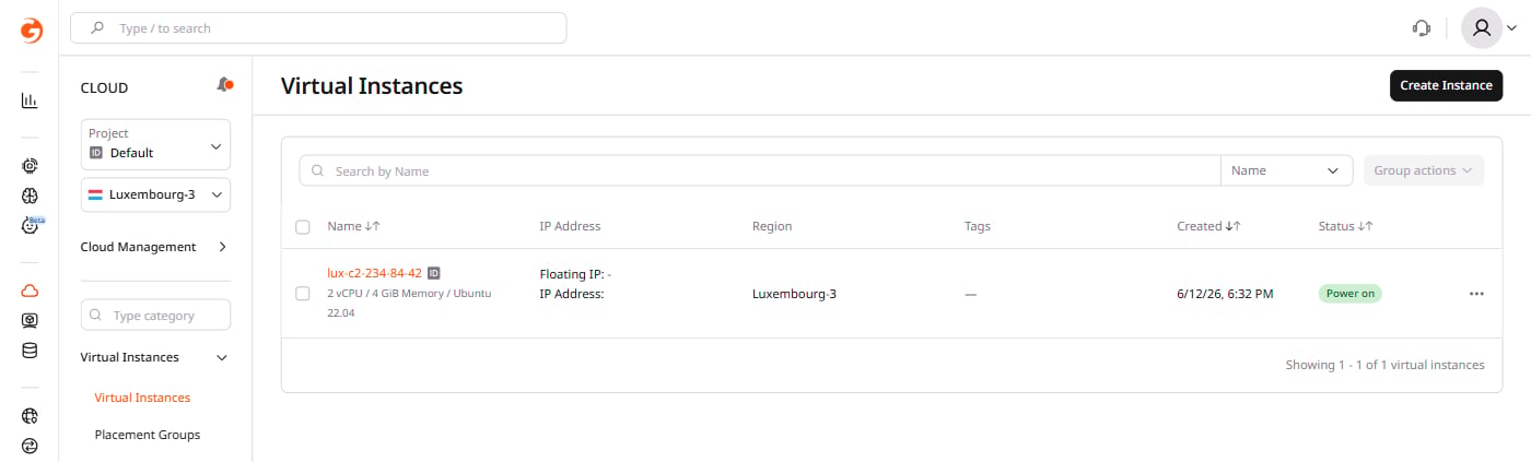 Virtual Instances list in the Gcore Customer Portal