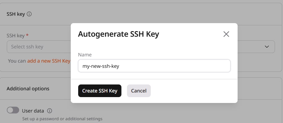 Autogenerate SSH Key dialog with name field and Create SSH Key button