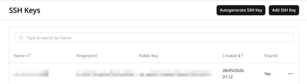 SSH Keys page with the Add SSH Key button