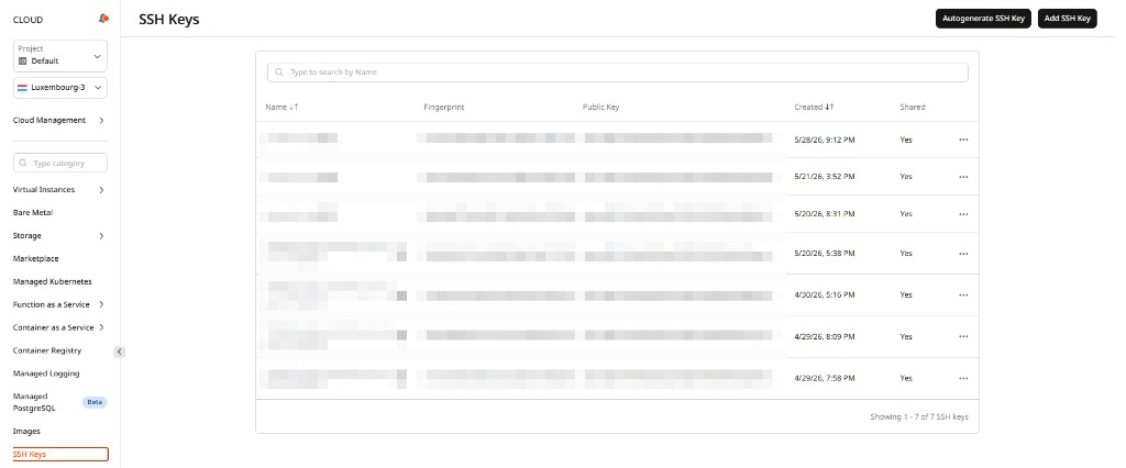 SSH Keys list in the Gcore Customer Portal