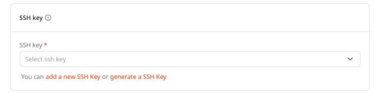 SSH key section with a dropdown and links to add or generate a key