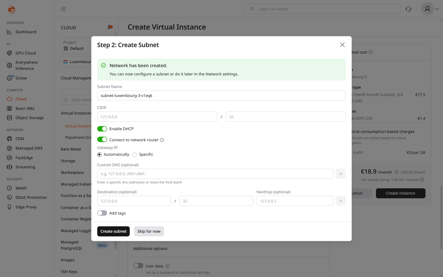 Add a new subnetwork dialog