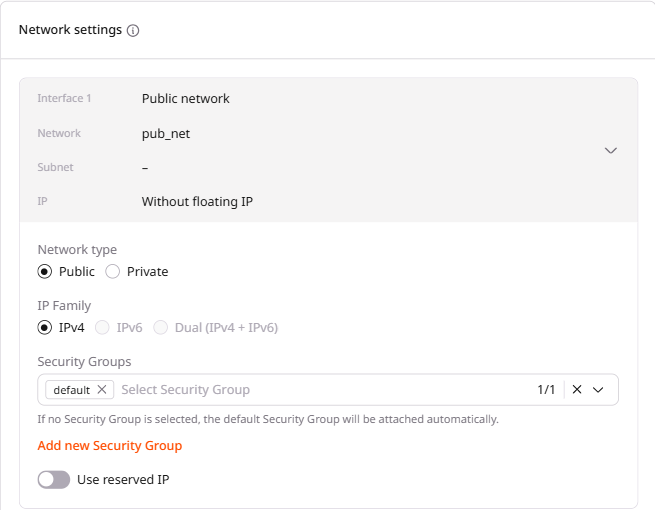 Network settings section with Public network interface selected