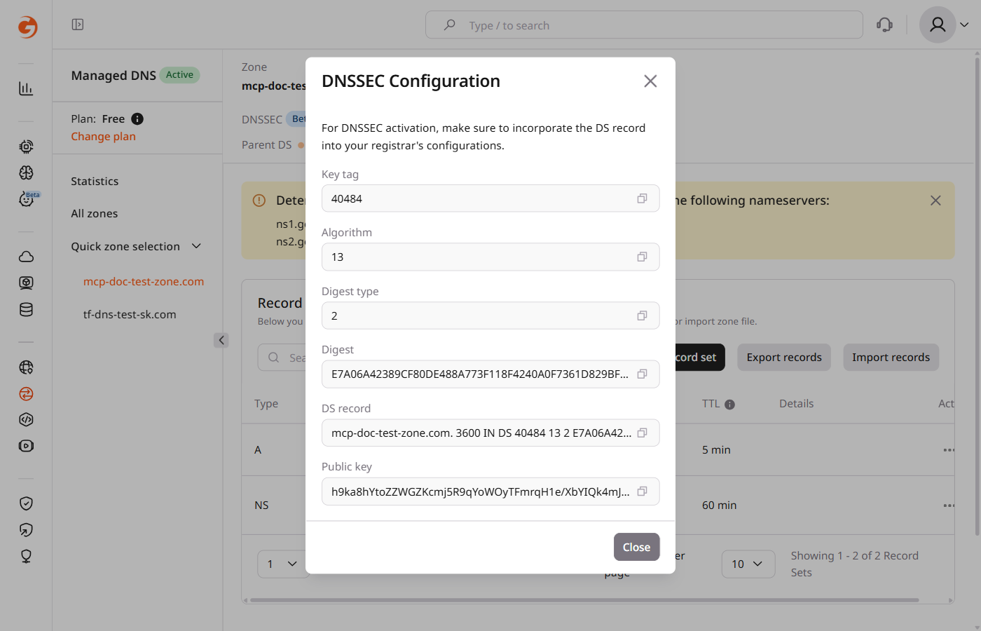 DNSSEC Configuration dialog showing Key tag, Algorithm, Digest type, Digest, DS record, and Public key fields with copy buttons