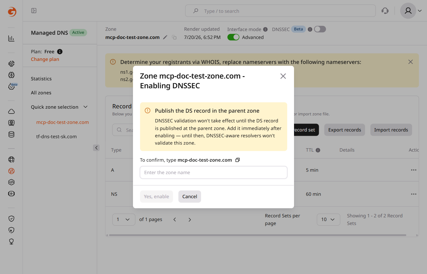 Confirmation dialog asking to enable DNSSEC with a zone name input field and Yes, enable and Cancel buttons