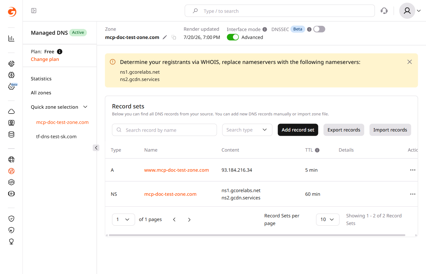 Zone settings header showing the DNSSEC toggle in the off state with a Beta badge and the Interface mode toggle set to Advanced