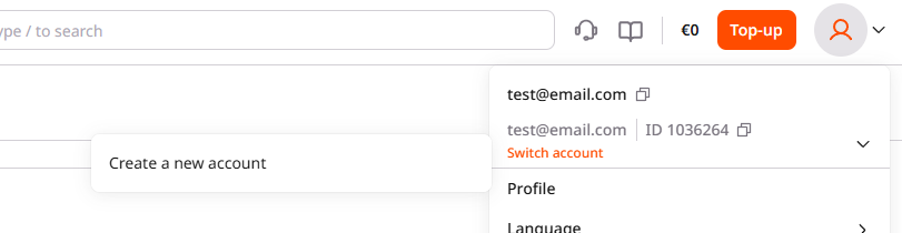 Create a new account option in the profile menu