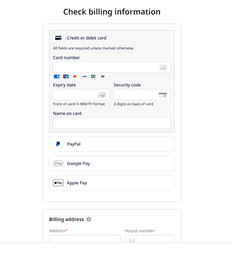 Billing information page with payment method options