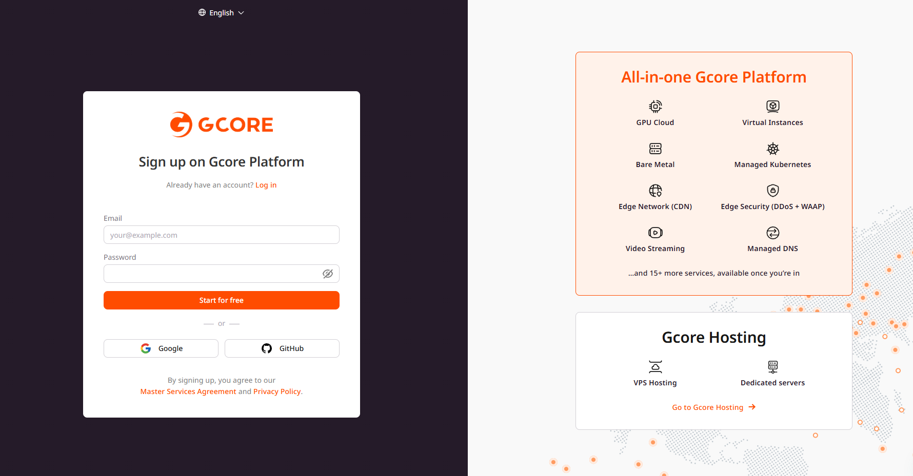 Gcore sign-up page with email, password, Google, and GitHub options