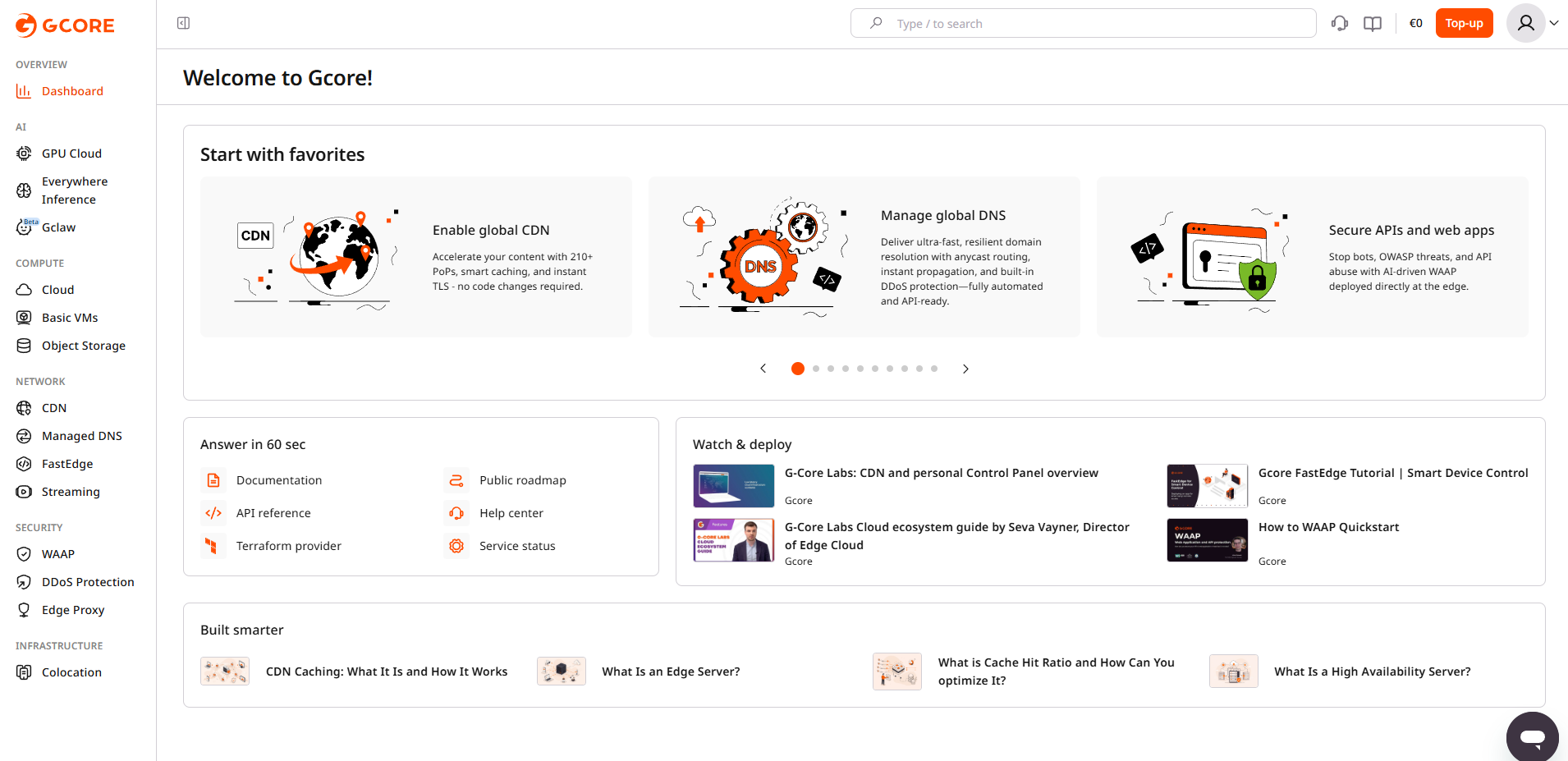 Gcore Customer Portal dashboard after first login