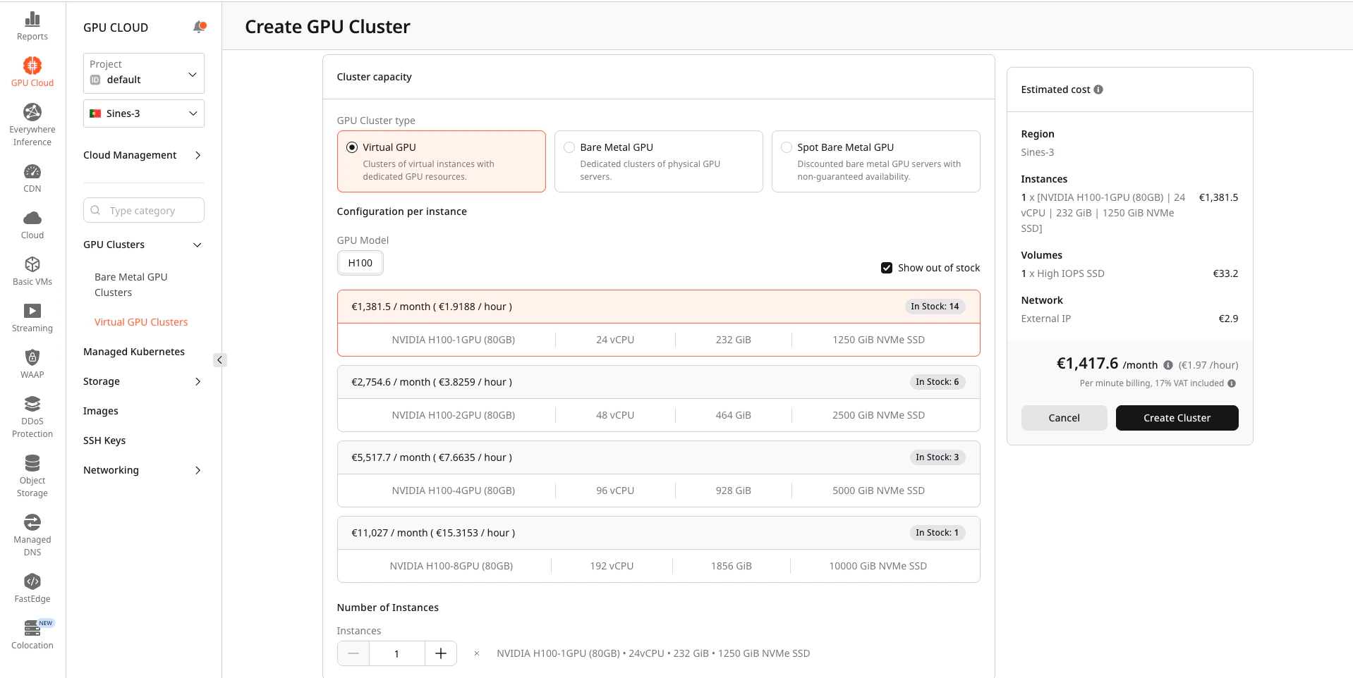Cluster capacity section with GPU cluster type selection and available flavors