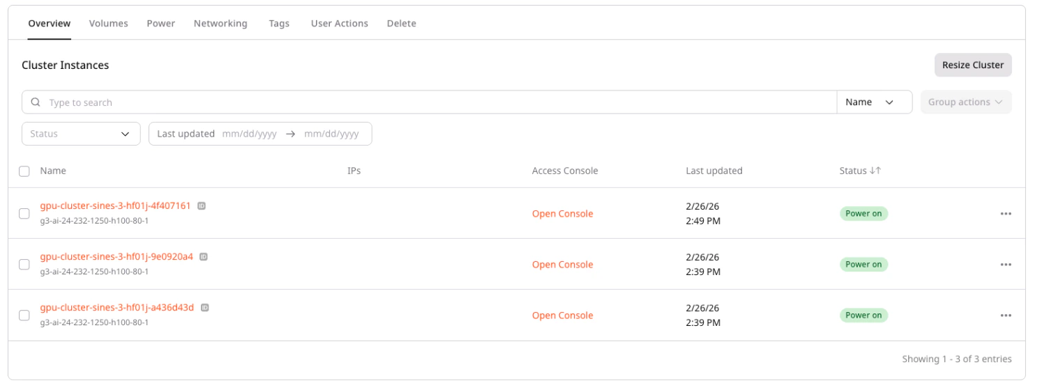 Cluster details page with Overview tab showing cluster instances