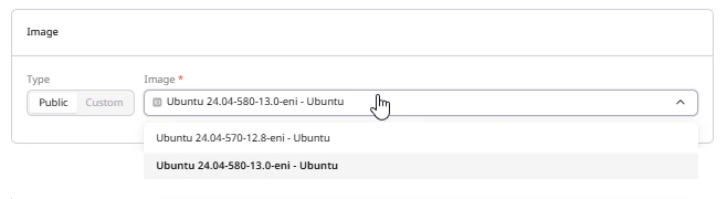Image section with Public and Custom tabs and Ubuntu image dropdown