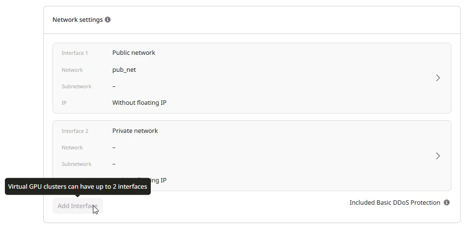 Network settings section with Public and Private interfaces configured