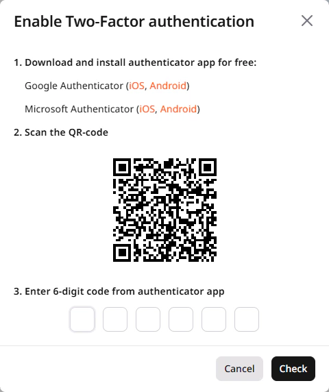 Enable Two-Factor authentication dialog with QR code