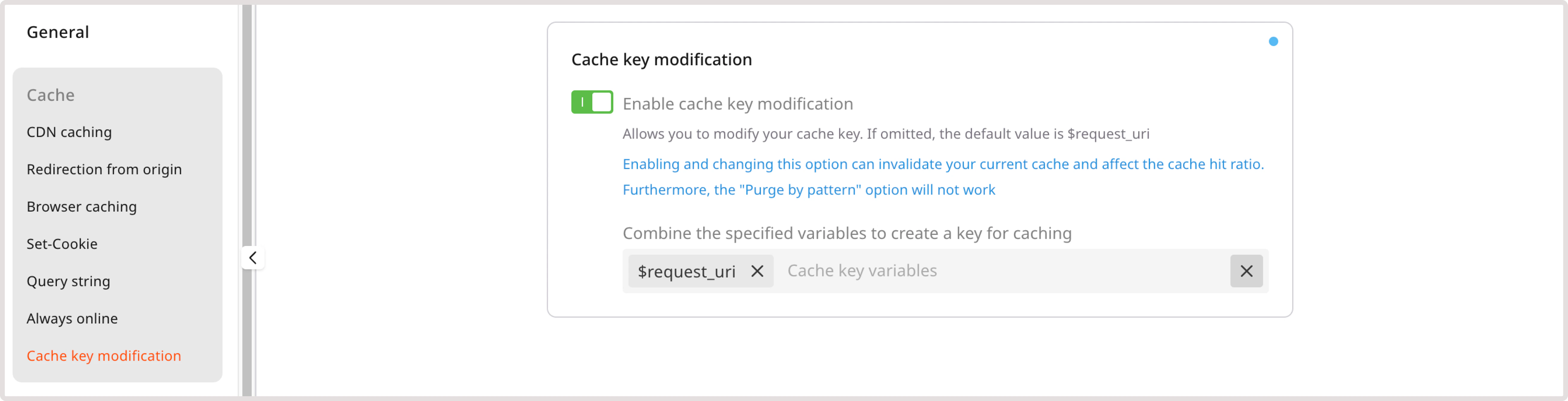 Cache key modification settings