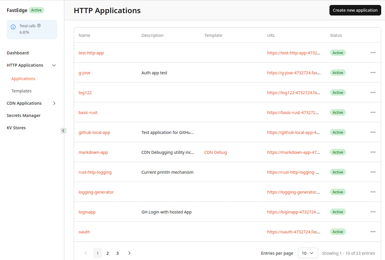 HTTP Applications with the list of FastEdge
apps
