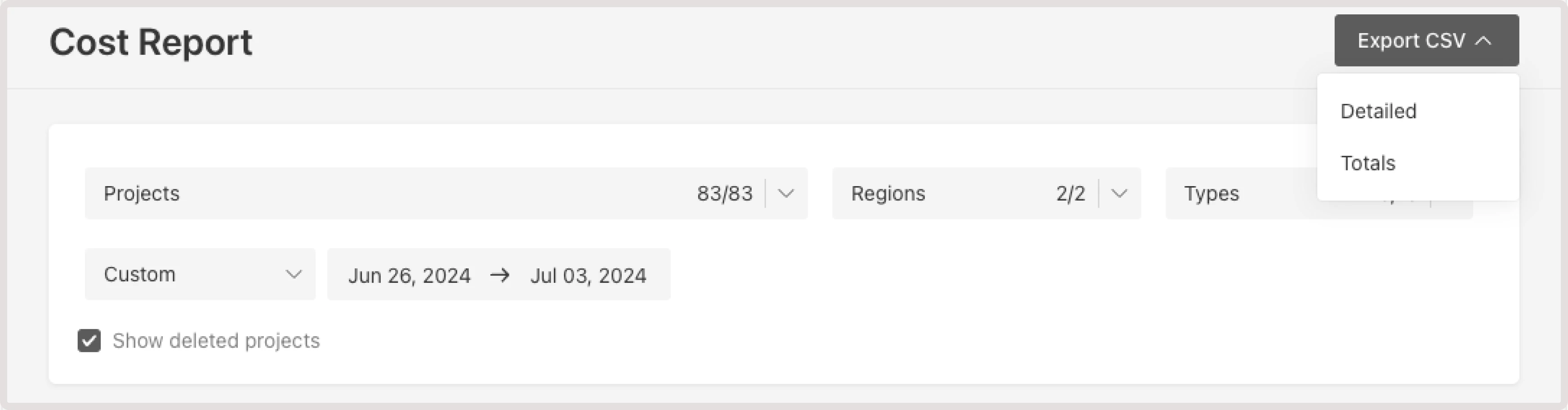 Export CSV dropdown with Detailed and Total options