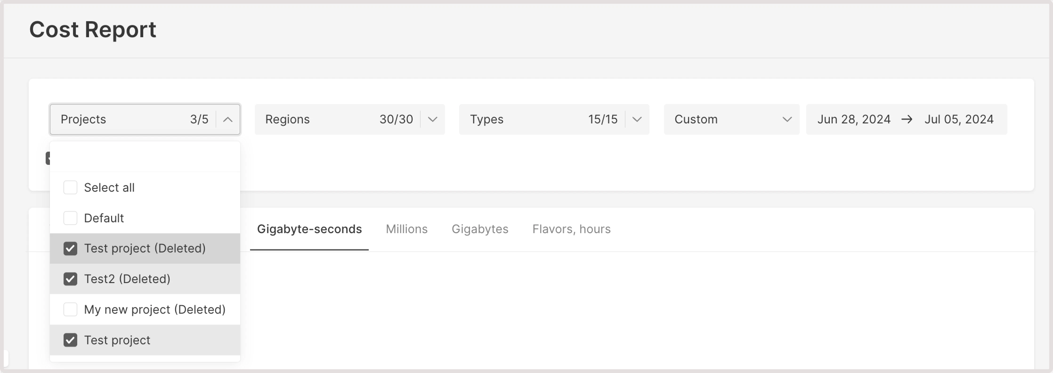 Projects dropdown expanded