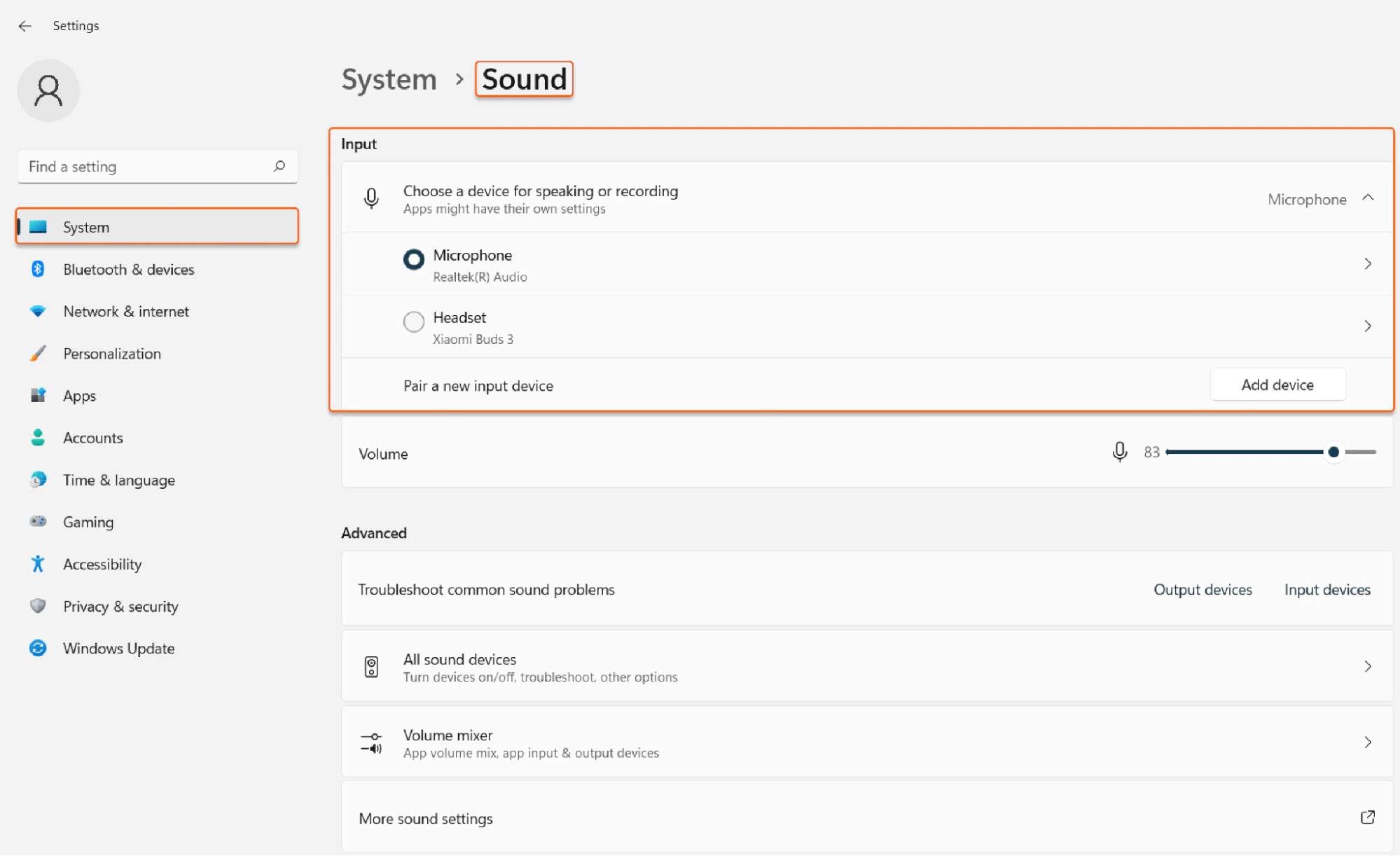 Sound section Windows
