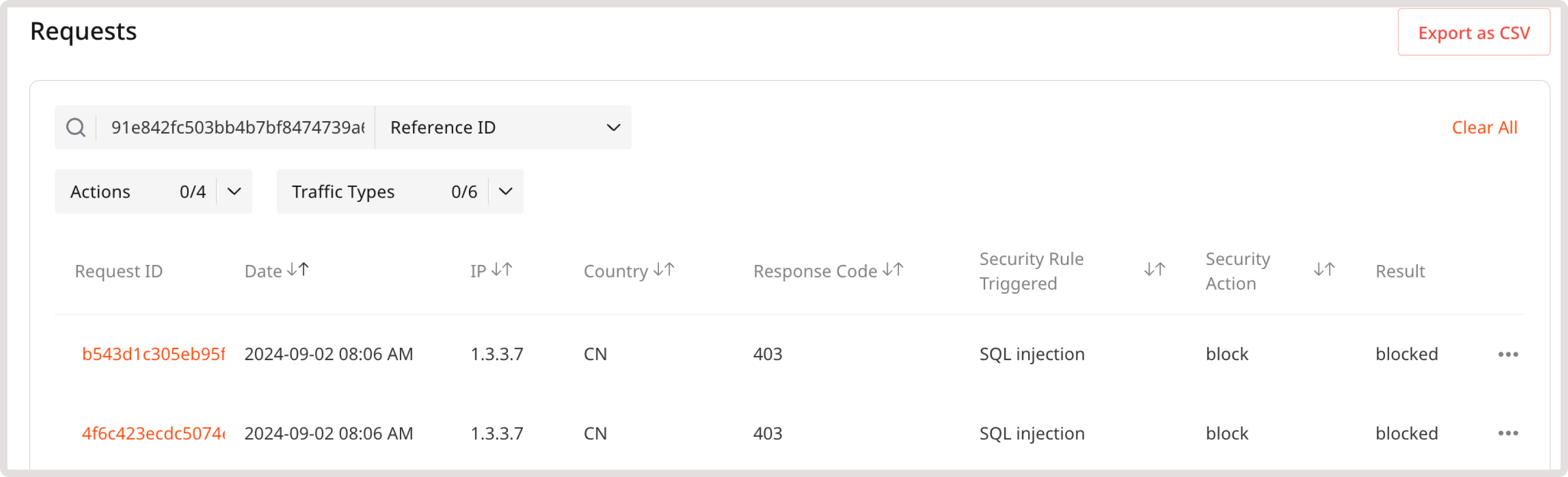 Requests table with search by Reference ID