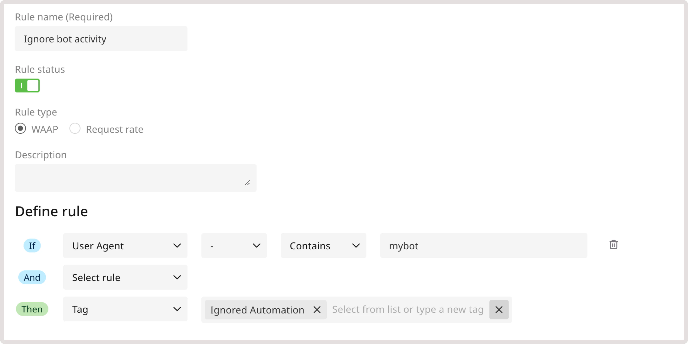 A custom rule for tagging requests with ignored bot activity