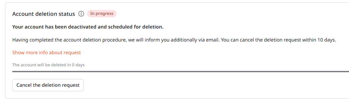 Account deletion status section showing cancellation option