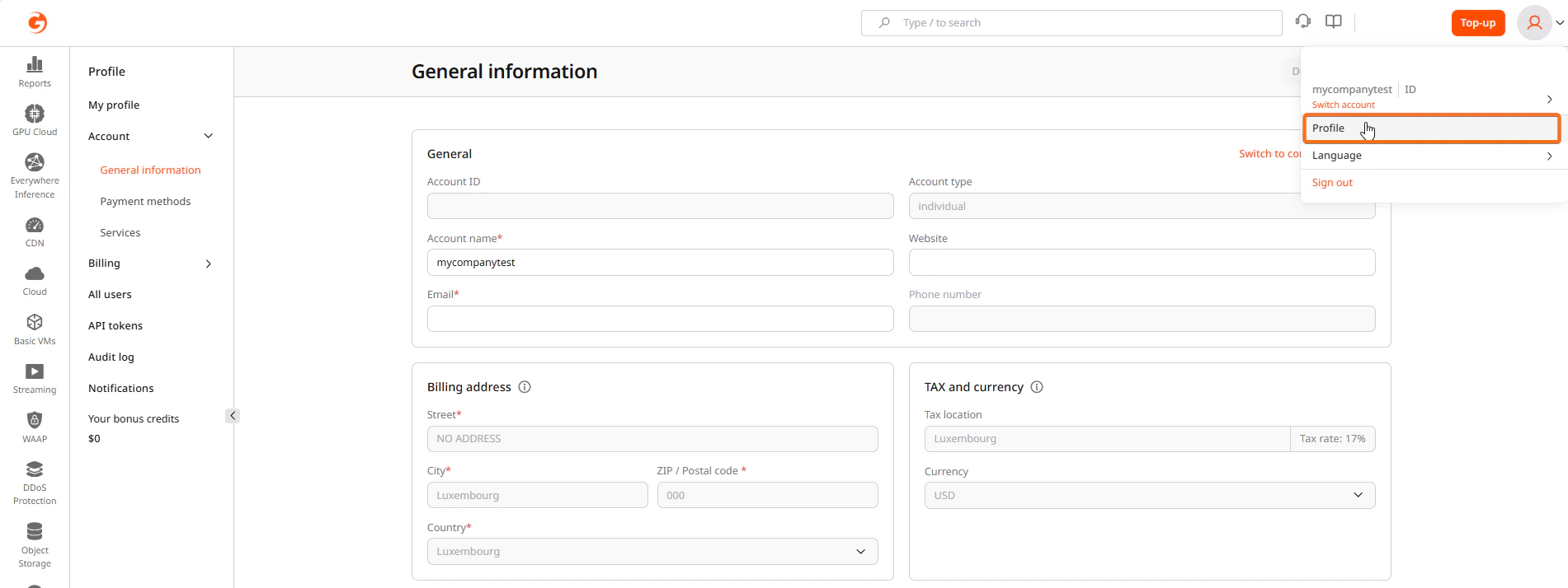 Account General information page