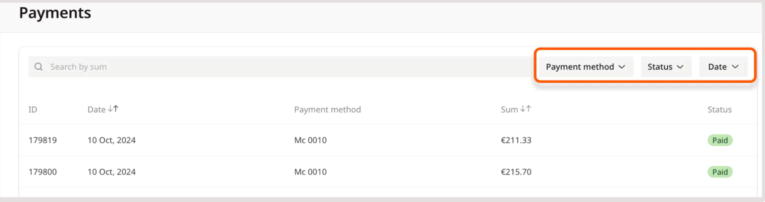 Table filters on the payments page