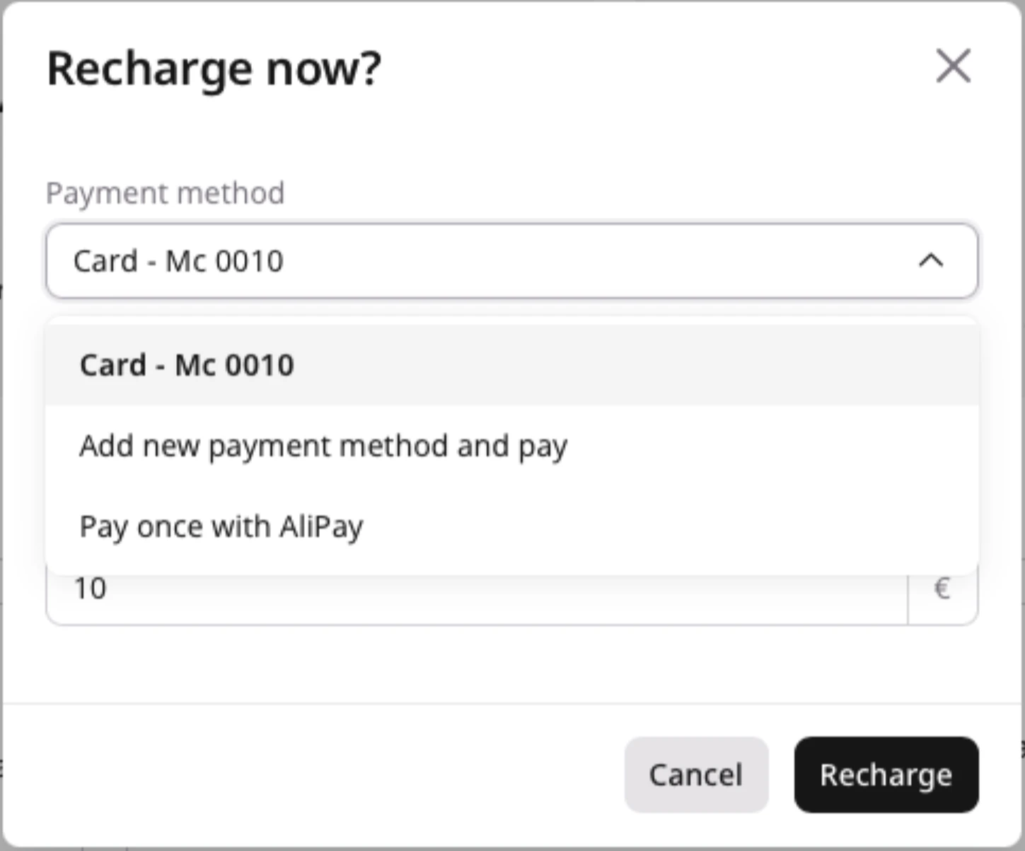 Recharge now window payment method