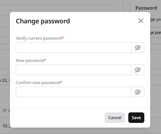 Change password dialog with fields for current password, new password, and confirmation