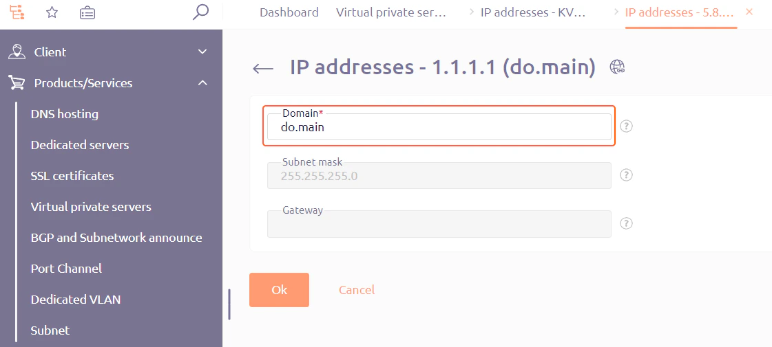 IP addresses window