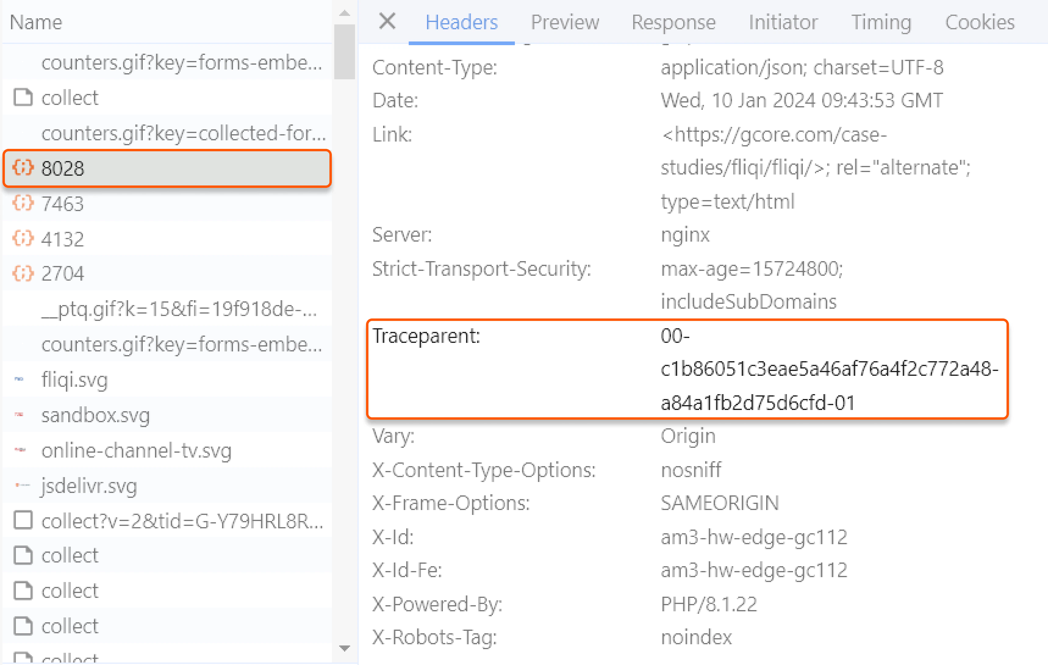 Where to view traceparent header in Google Chrome