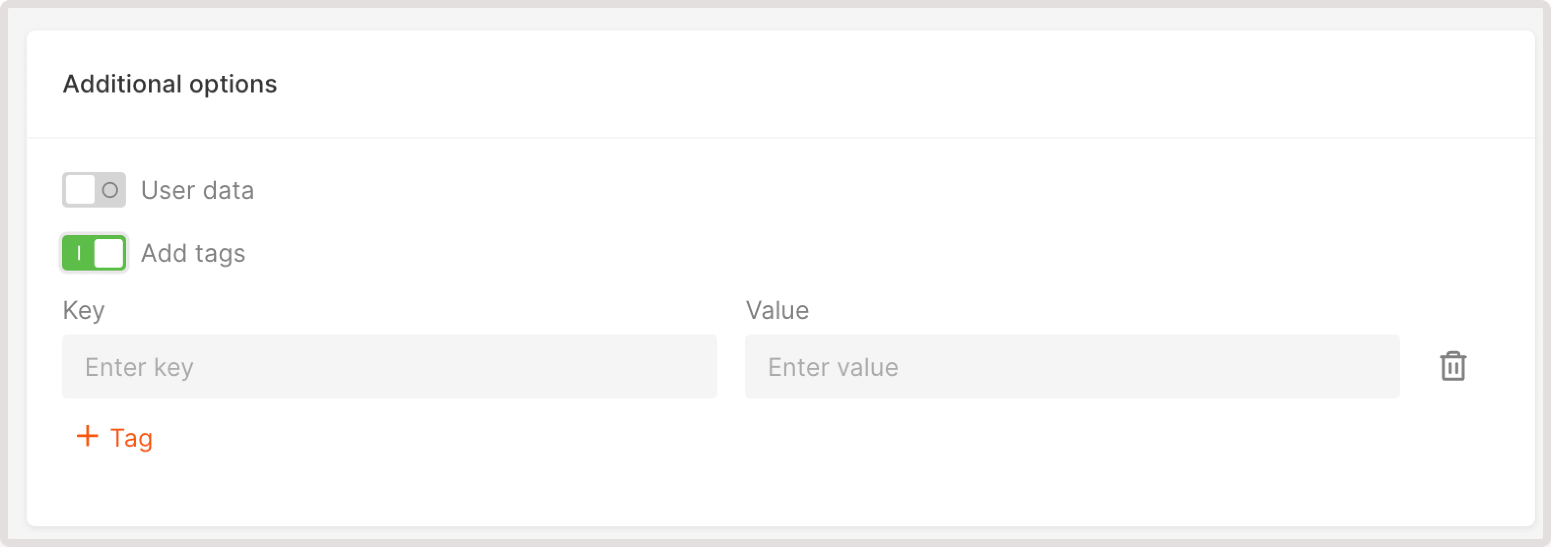 A menu with tag settings