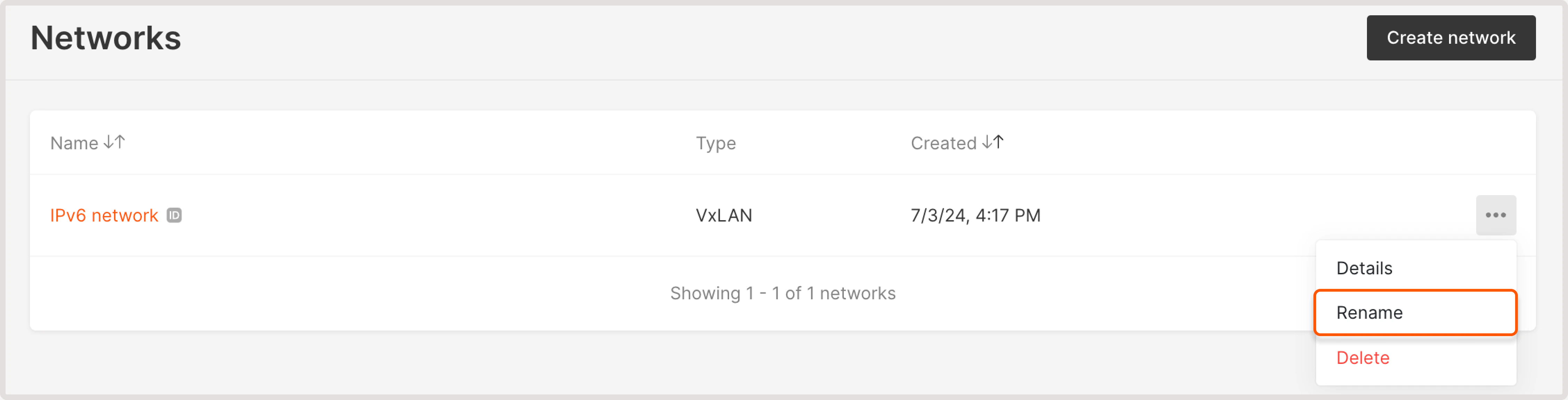 Network settings menu with the rename button highlighted