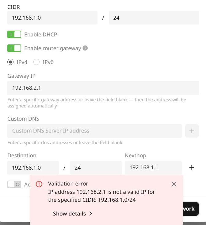 Gateway ip validation error
