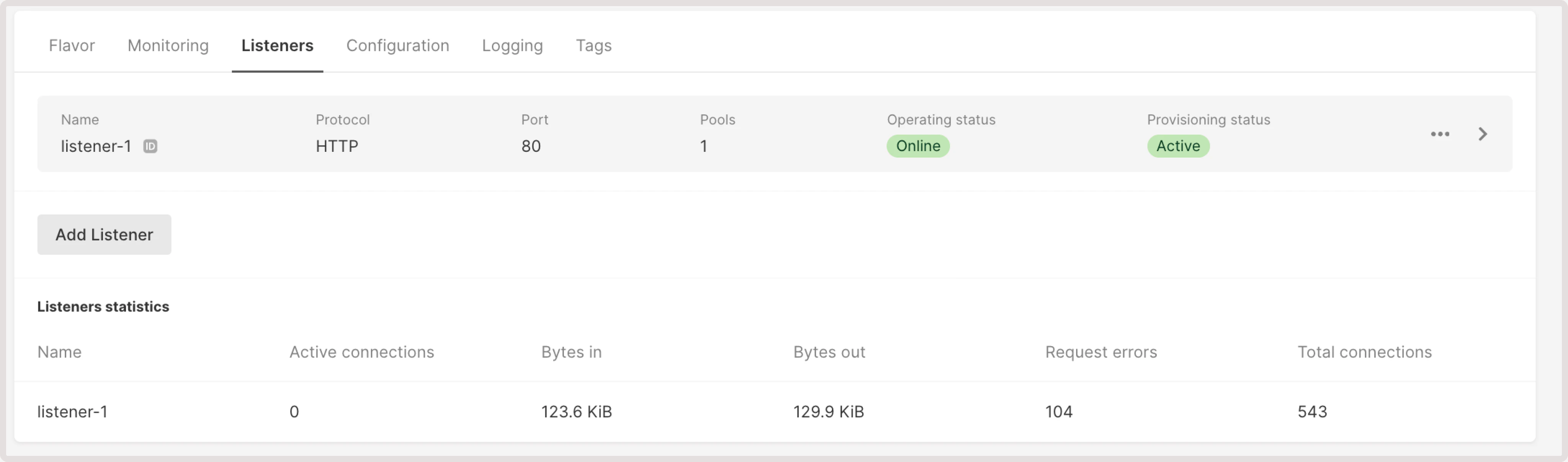 Listeners tab in Load Balancer settings