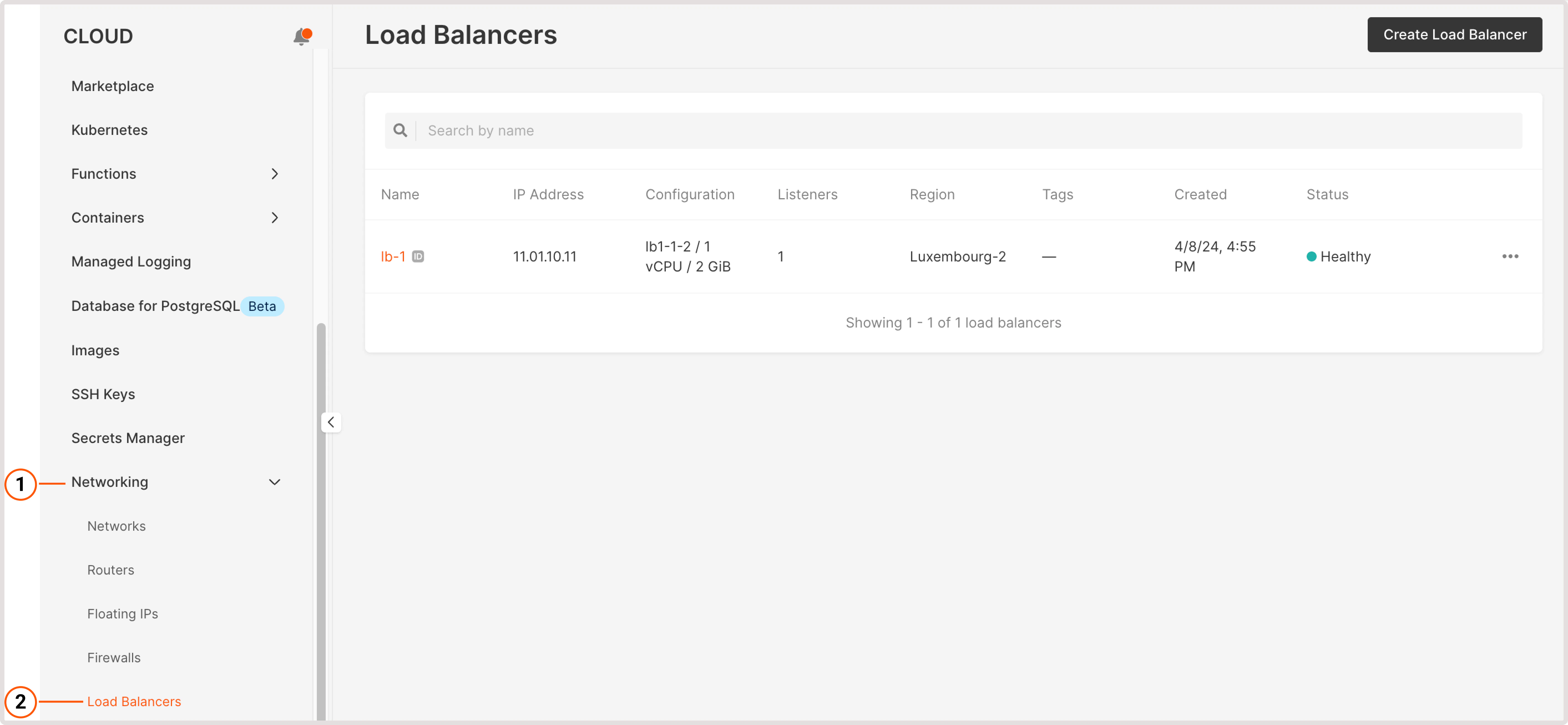 Load Balancers page in the Customer Portal